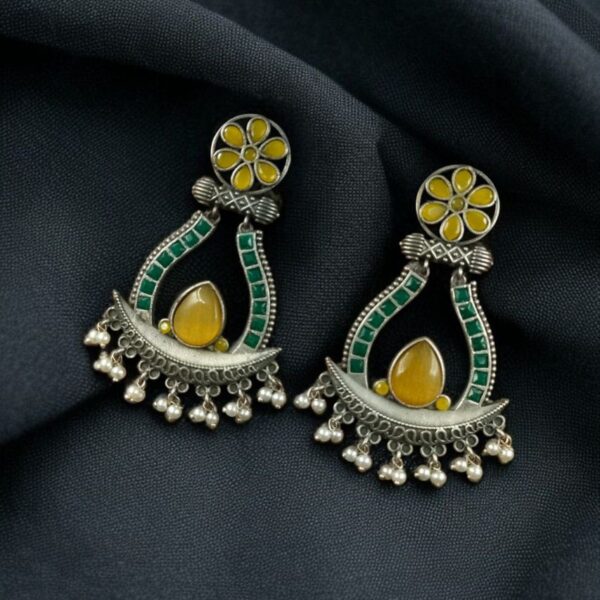 Handcrafted Silver Replica Oxidized Long Earrings ? Pearl & Monalisa Stone Best Dangler Jewelry - "Yellow-Green"