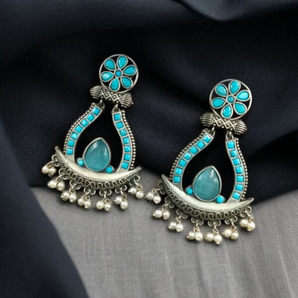 Handcrafted Silver Replica Oxidized Long Earrings ? Pearl & Monalisa Stone Best Dangler Jewelry - "Aqua"