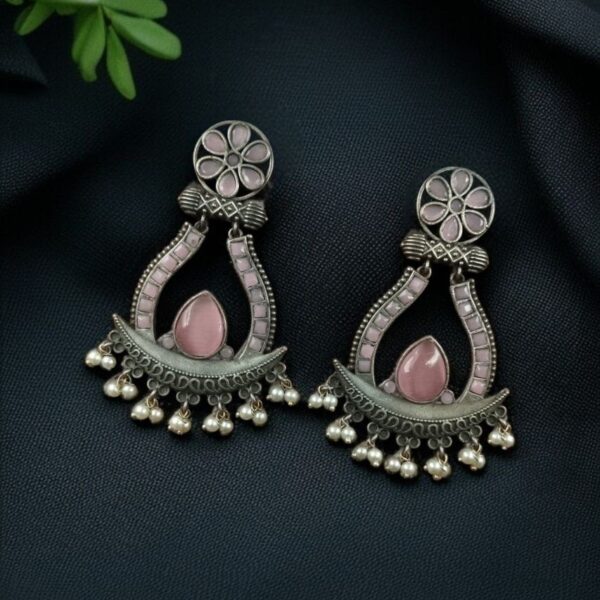 Handcrafted Silver Replica Oxidized Long Earrings ? Pearl & Monalisa Stone Best Dangler Jewelry - "Baby Pink"