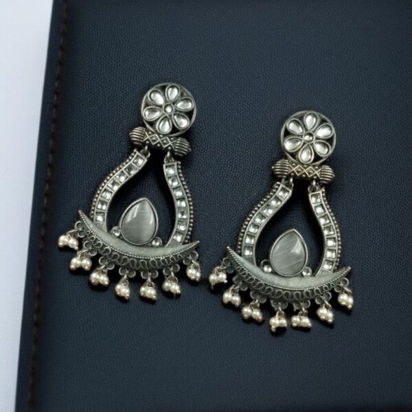 Handcrafted Silver Replica Oxidized Long Earrings ? Pearl & Monalisa Stone Best Dangler Jewelry - "Grey"