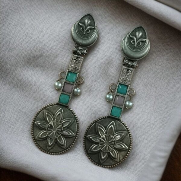 Lightweight Unique Flower Dangler Earrings with Traditonal Pearl & Stone Silver Plated Jewelry - "Baby Pink-Mint"