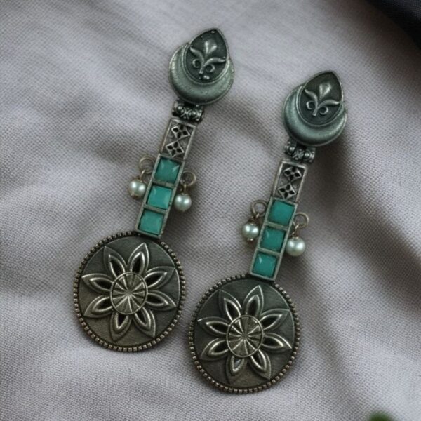 Lightweight Unique Flower Dangler Earrings with Traditonal Pearl & Stone Silver Plated Jewelry - "Mint"
