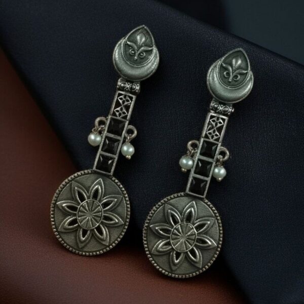 Lightweight Unique Flower Dangler Earrings with Traditonal Pearl & Stone Silver Plated Jewelry - "Black"