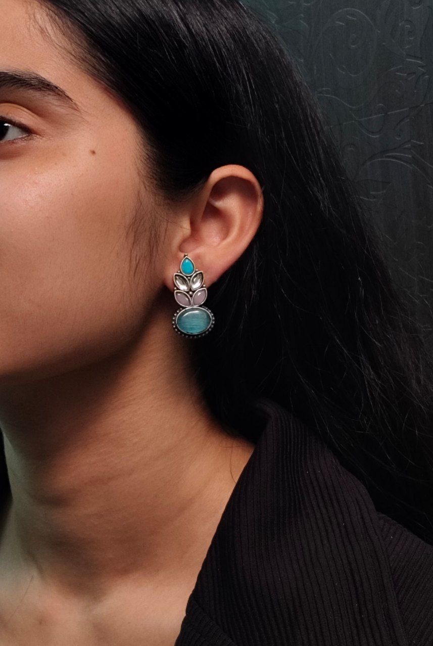 Traditional Oxidised Stud Earrings with Monalisa Stone ? Perfect Silver Plated Jewelry