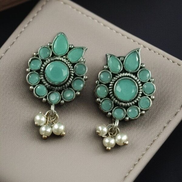 Daily Wear Oxidised Stud Earrings ? Silver Plated Best Flower Design Stone & Pearl Work - "Mint"