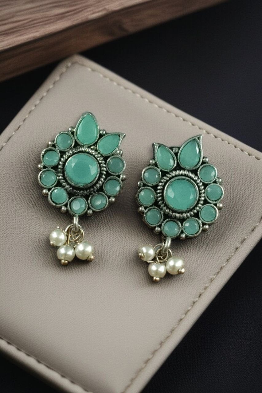 Daily Wear Oxidised Stud Earrings ? Silver Plated Best Flower Design Stone & Pearl Work - Image 11