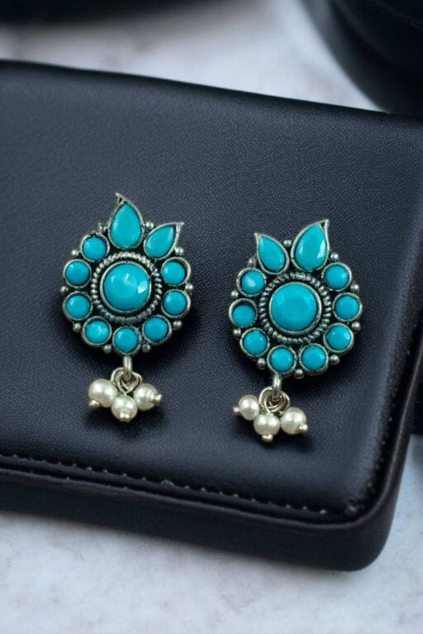 Daily Wear Oxidised Stud Earrings ? Silver Plated Best Flower Design Stone & Pearl Work - Image 10