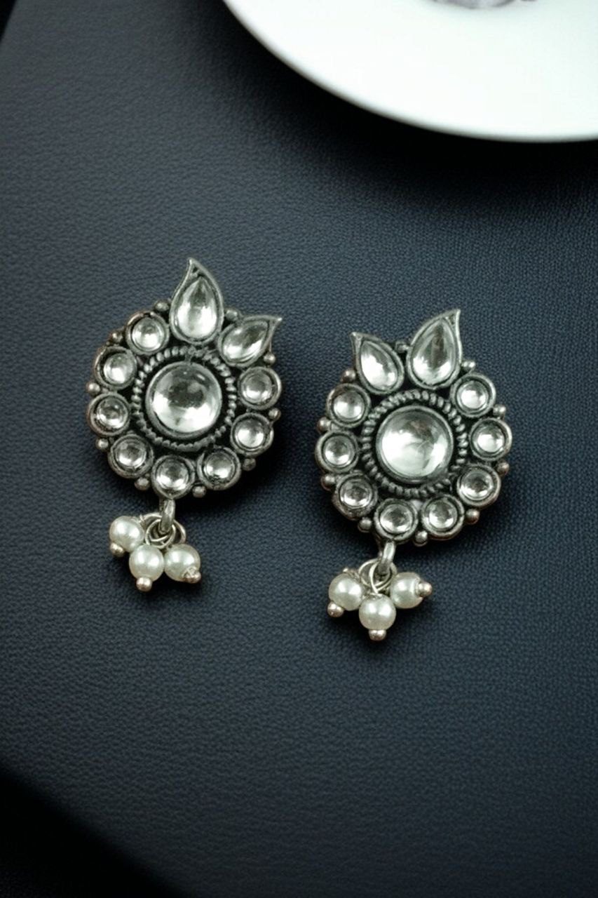 Daily Wear Oxidised Stud Earrings ? Silver Plated Best Flower Design Stone & Pearl Work - Image 9