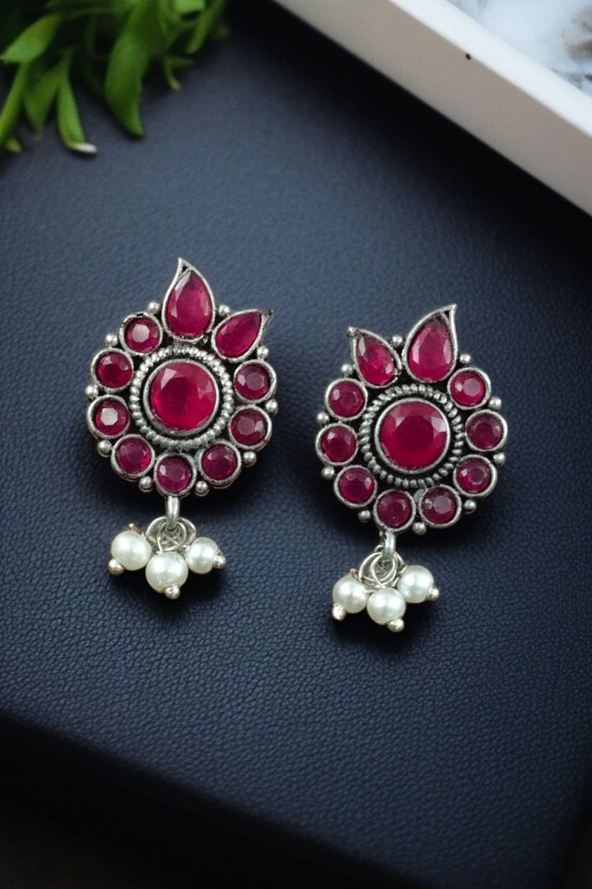 Daily Wear Oxidised Stud Earrings ? Silver Plated Best Flower Design Stone & Pearl Work - Image 8