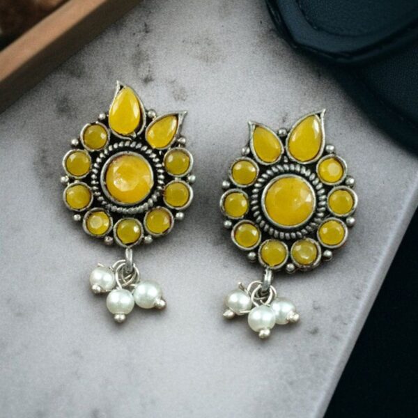 Daily Wear Oxidised Stud Earrings ? Silver Plated Best Flower Design Stone & Pearl Work - "Yellow"