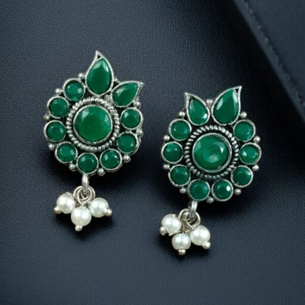 Daily Wear Oxidised Stud Earrings ? Silver Plated Best Flower Design Stone & Pearl Work - "Green"