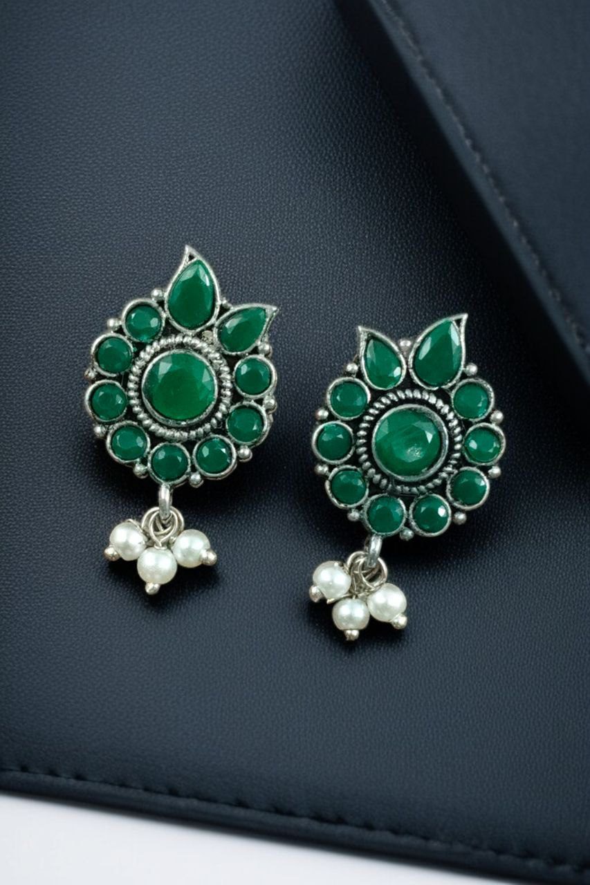 Daily Wear Oxidised Stud Earrings ? Silver Plated Best Flower Design Stone & Pearl Work - Image 6