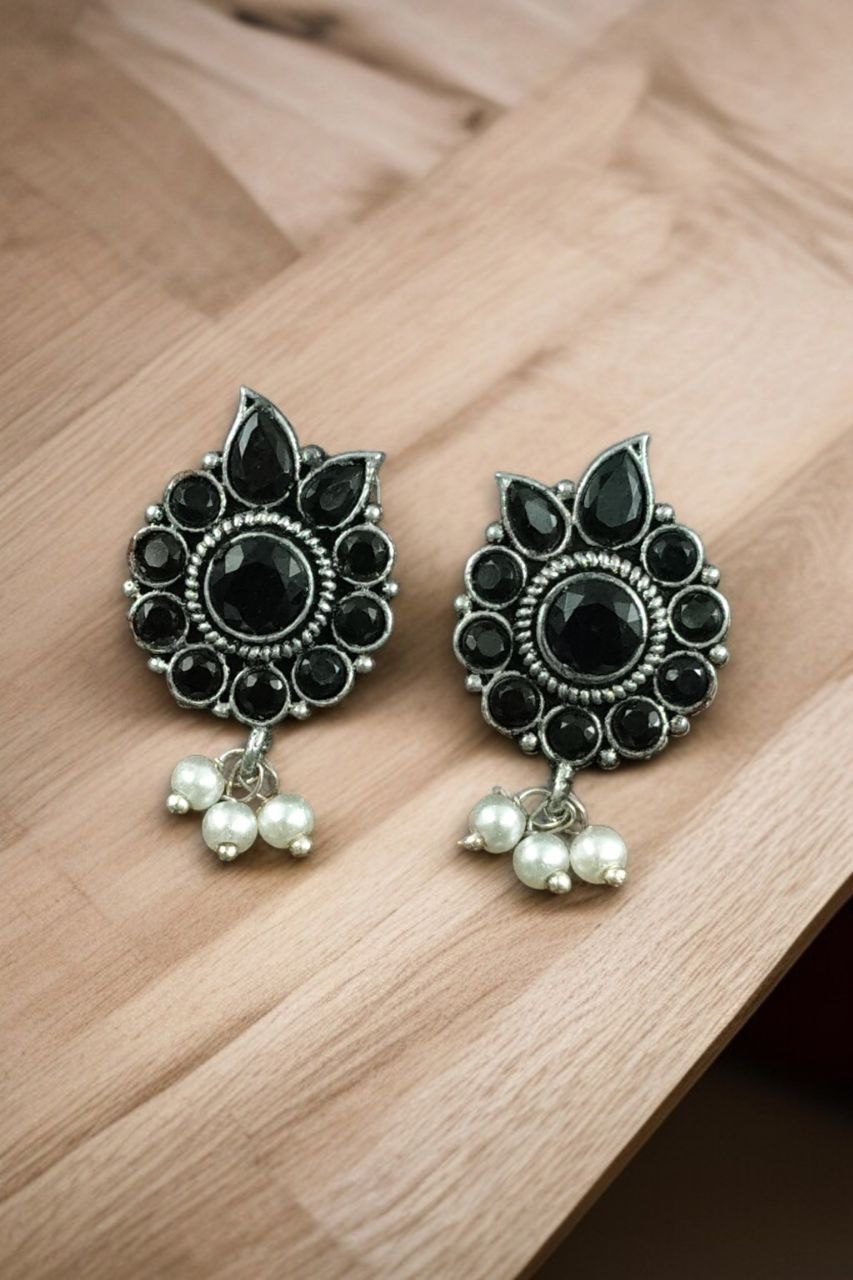 Daily Wear Oxidised Stud Earrings ? Silver Plated Best Flower Design Stone & Pearl Work - Image 5