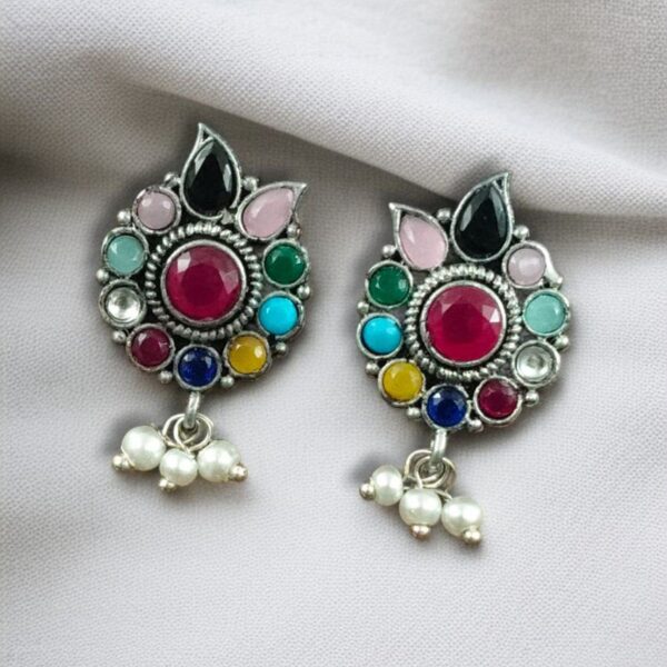 Daily Wear Oxidised Stud Earrings ? Silver Plated Best Flower Design Stone & Pearl Work - "Multi"