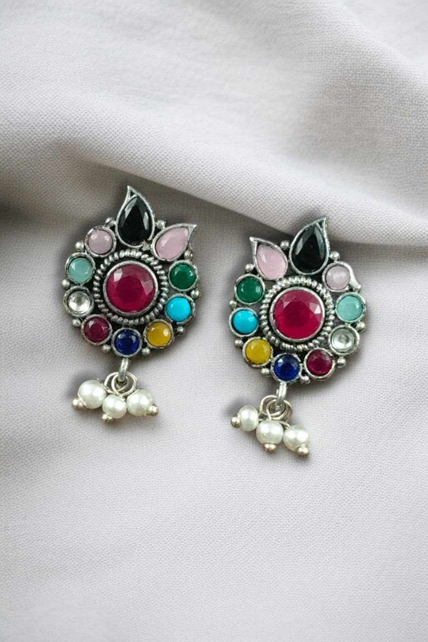 Daily Wear Oxidised Stud Earrings ? Silver Plated Best Flower Design Stone & Pearl Work - Image 4