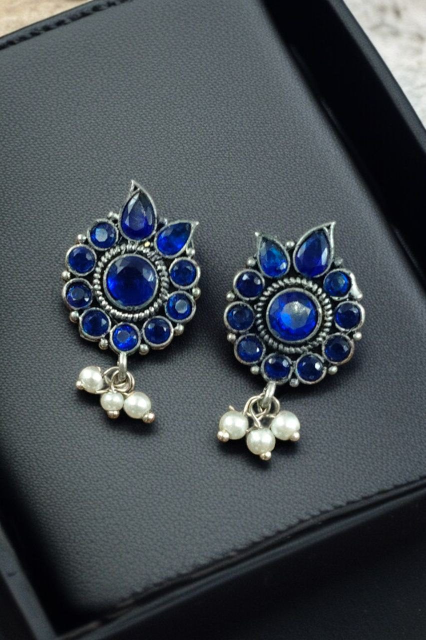 Daily Wear Oxidised Stud Earrings ? Silver Plated Best Flower Design Stone & Pearl Work - Image 3
