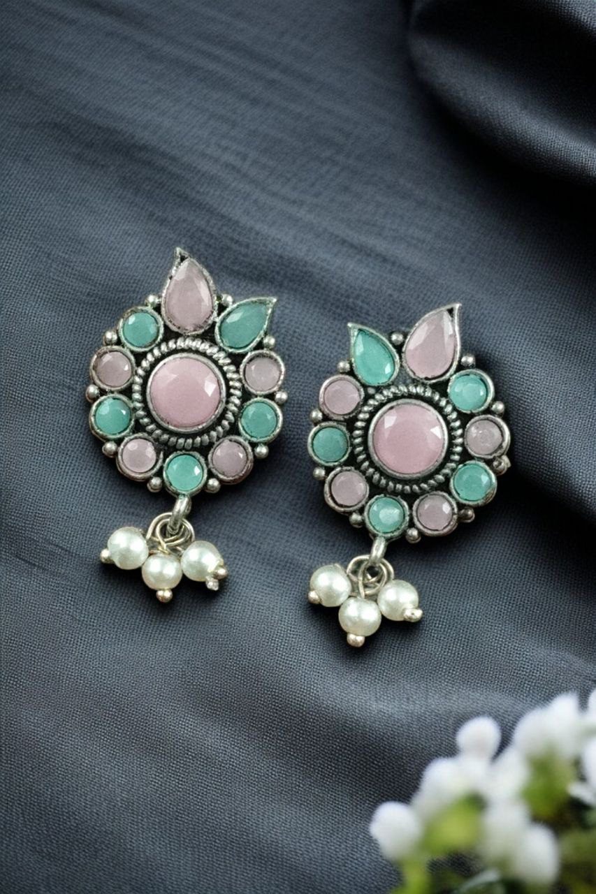Daily Wear Oxidised Stud Earrings ? Silver Plated Best Flower Design Stone & Pearl Work - Image 2