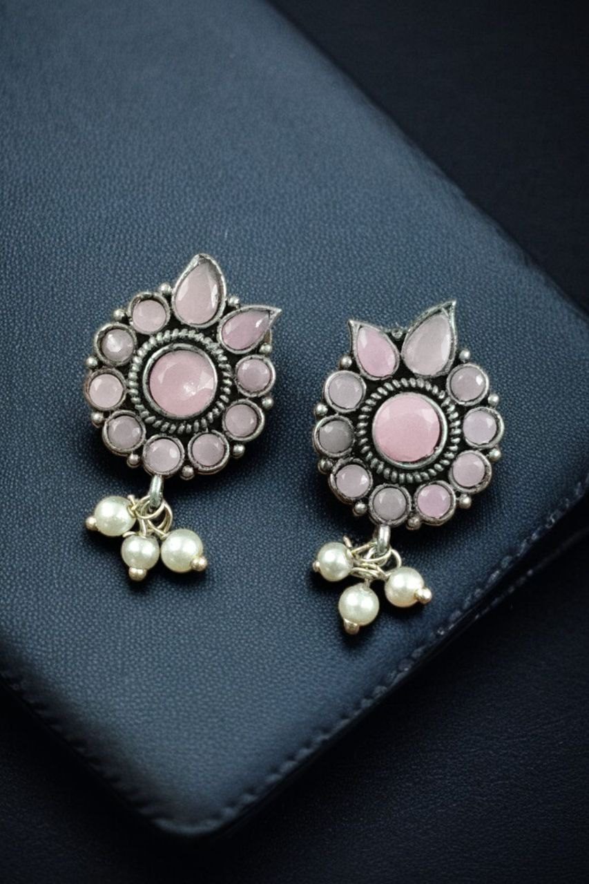 Daily Wear Oxidised Stud Earrings ? Silver Plated Best Flower Design Stone & Pearl Work