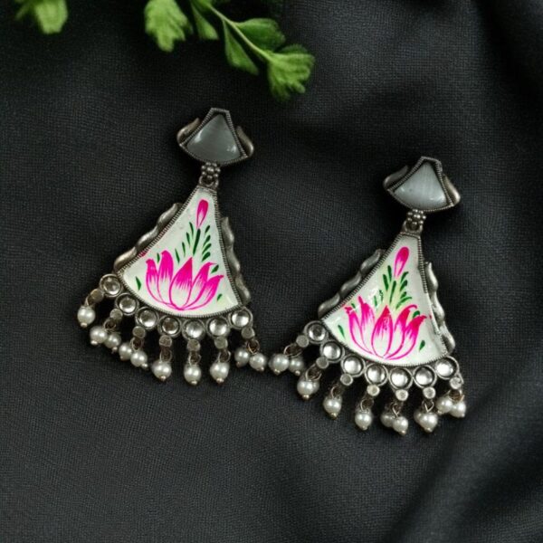 Colorful Hand-Painted Earrings With Monalisa Stone | Best Handcrafted Jewelry - "White-Lotus"