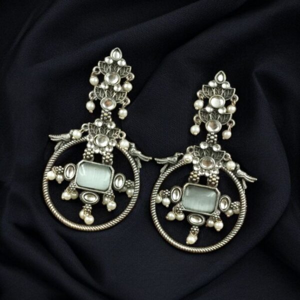 Silver Look alike Beautiful Bird Design Earrings Stone & Pearl Work ? Elegant Oxidized Ethnic Jewelry - "Grey"