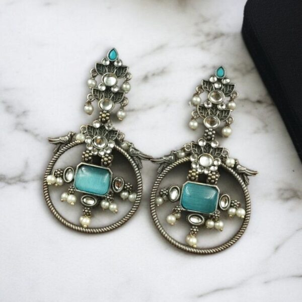 Silver Look alike Beautiful Bird Design Earrings Stone & Pearl Work ? Elegant Oxidized Ethnic Jewelry - "Aqua"