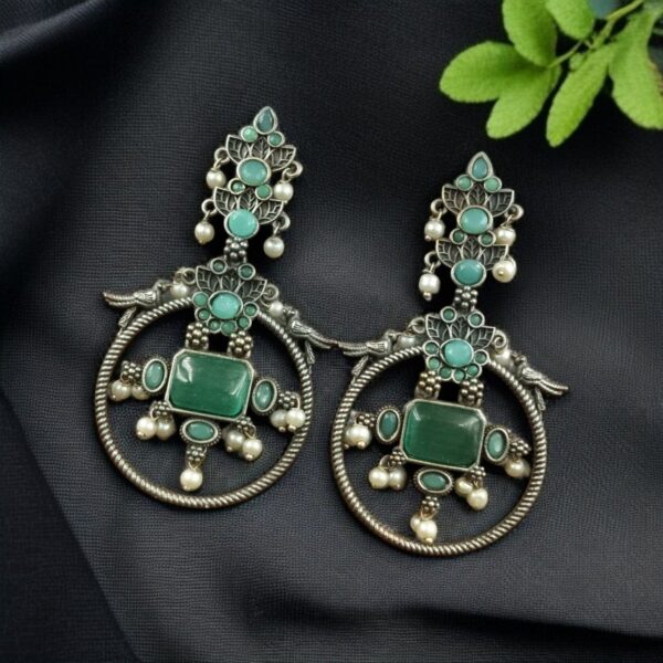 Silver Look alike Beautiful Bird Design Earrings Stone & Pearl Work ? Elegant Oxidized Ethnic Jewelry - "Mint"