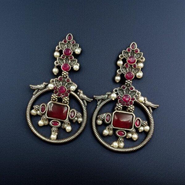 Silver Look alike Beautiful Bird Design Earrings Stone & Pearl Work ? Elegant Oxidized Ethnic Jewelry - "Red"