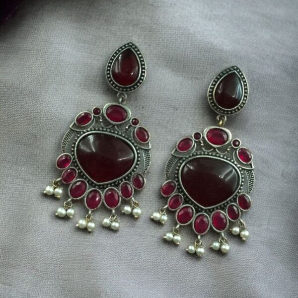 Affordable Oxidized Bird Silver Replica Stone Earrings | Premium Jewelry Gift For Her - "Red"