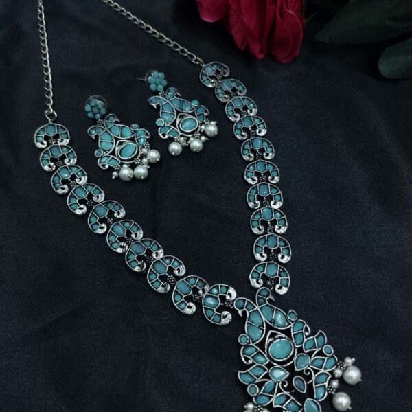 Ethnic Peacock Long Necklace with Stone & Pearl Work ? Best Traditional Jewelry For Women - "Mint"