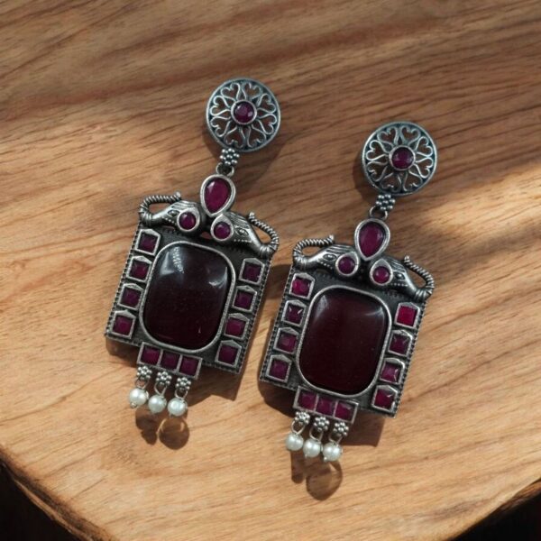 Traditional Elephant Earrings | Silver Replica Oxidized Dangler with Beautiful Monalisa Stone Jewelry - "Red"