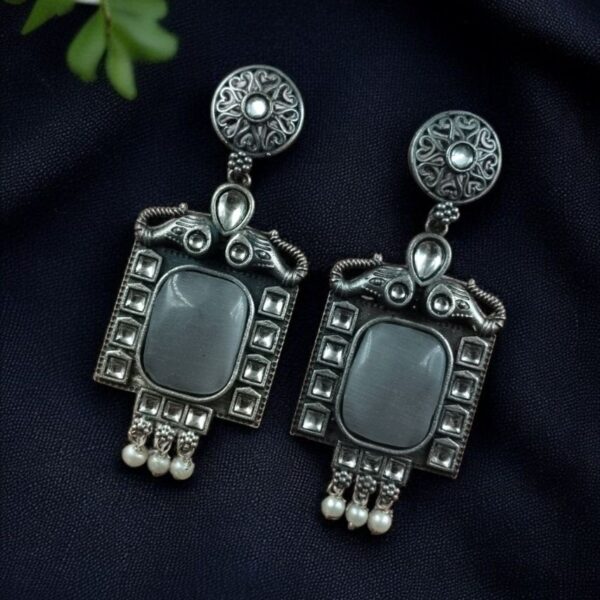 Traditional Elephant Earrings | Silver Replica Oxidized Dangler with Beautiful Monalisa Stone Jewelry - "Grey"