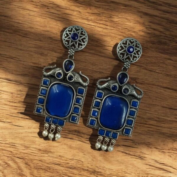 Traditional Elephant Earrings | Silver Replica Oxidized Dangler with Beautiful Monalisa Stone Jewelry - "Blue"