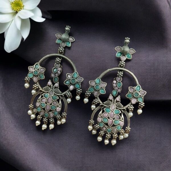 Best Ethnic Peacock Earrings ? Oxidized Stone & Pearl Detailing in Silver Replica Dangler Jewelry - Baby Pink-Mint"