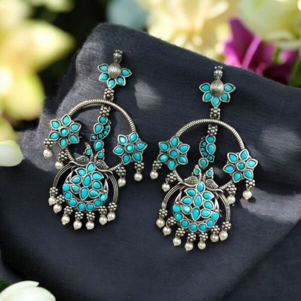 Best Ethnic Peacock Earrings ? Oxidized Stone & Pearl Detailing in Silver Replica Dangler Jewelry - "Aqua"