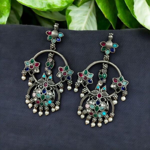 Best Ethnic Peacock Earrings ? Oxidized Stone & Pearl Detailing in Silver Replica Dangler Jewelry - "Multi"