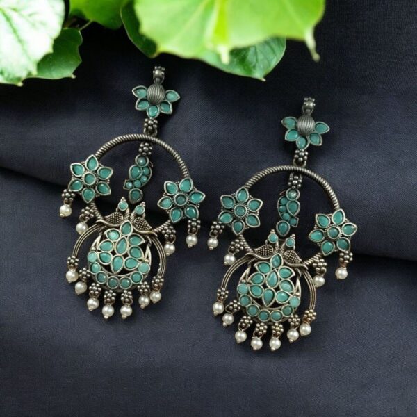 Best Ethnic Peacock Earrings ? Oxidized Stone & Pearl Detailing in Silver Replica Dangler Jewelry - "Mint"