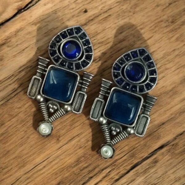 Fashionable Western Look Earrings | Unique Design Pearl & Monalisa Stone Jewelry for Women - "Blue"