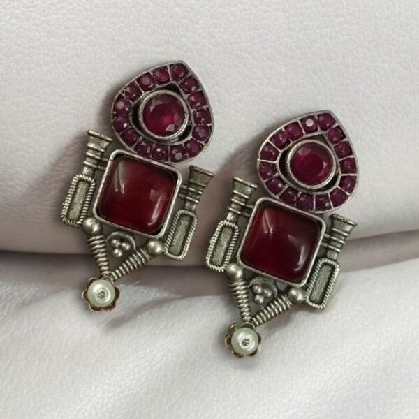Fashionable Western Look Earrings | Unique Design Pearl & Monalisa Stone Jewelry for Women - "Red"