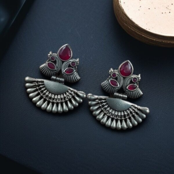 Oxidized Silver Plated Peacock Dangler Earrings | Best Traditional Ethnic Stone Detailing Jewelry - "Red"