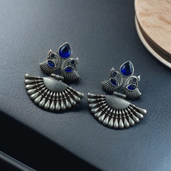 Oxidized Silver Plated Peacock Dangler Earrings | Best Traditional Ethnic Stone Detailing Jewelry - "Blue"
