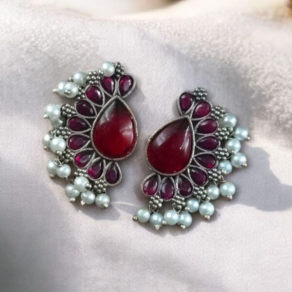 Silver Plated Western Style Earrings | Antique Oxidized Stone & Pearl Detailing Best Ethnic Jewelry - "Red"