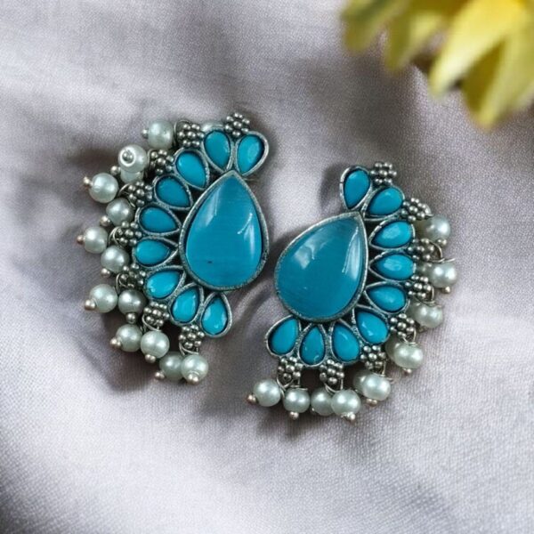 Silver Plated Western Style Earrings | Antique Oxidized Stone & Pearl Detailing Best Ethnic Jewelry - "Aqua"