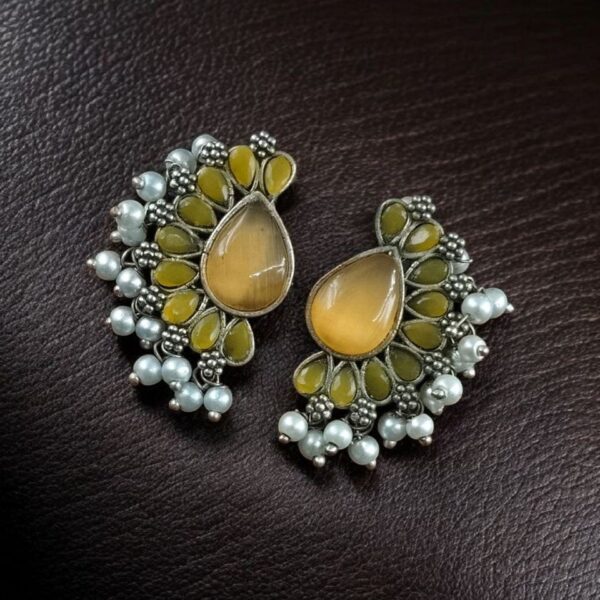 Silver Plated Western Style Earrings | Antique Oxidized Stone & Pearl Detailing Best Ethnic Jewelry - "Yellow"