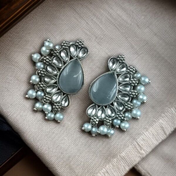 Silver Plated Western Style Earrings | Antique Oxidized Stone & Pearl Detailing Best Ethnic Jewelry - "Grey"
