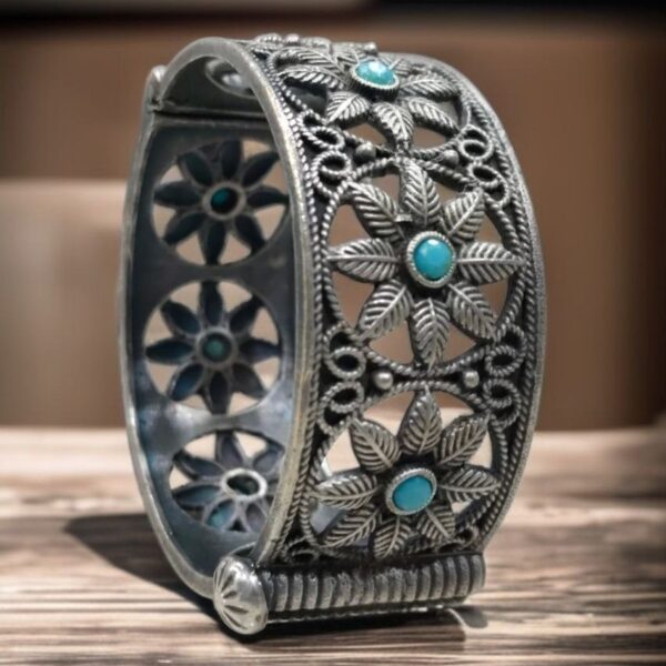 Traditional Oxidized Unique Flower Design Bangle | Silver Replica Ethnic Jewelry for Women - "Aqua"