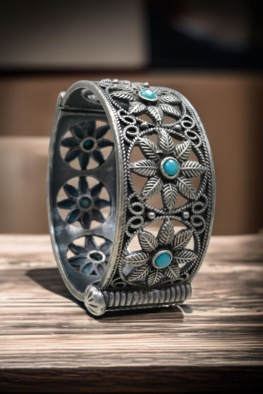 Traditional Oxidized Unique Flower Design Bangle | Silver Replica Ethnic Jewelry for Women - Image 4
