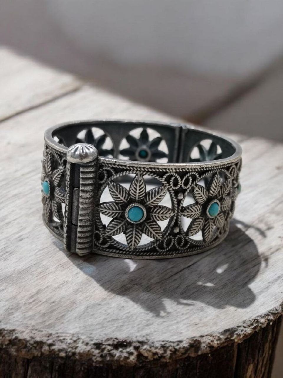 Traditional Oxidized Unique Flower Design Bangle | Silver Replica Ethnic Jewelry for Women - Image 5