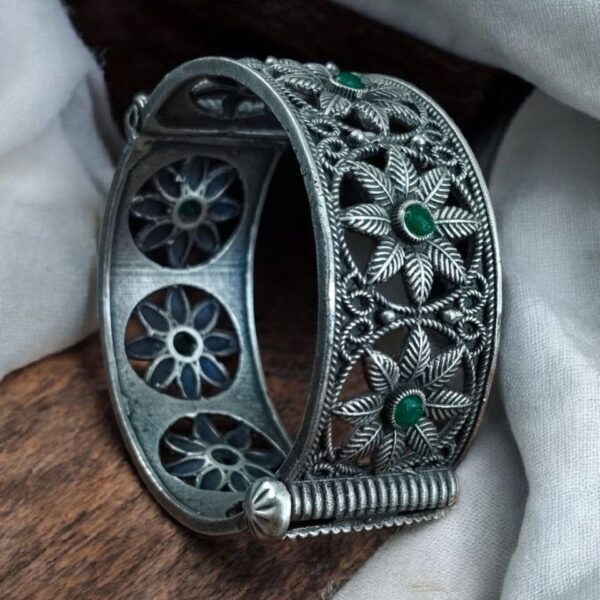 Traditional Oxidized Unique Flower Design Bangle | Silver Replica Ethnic Jewelry for Women - "Green"