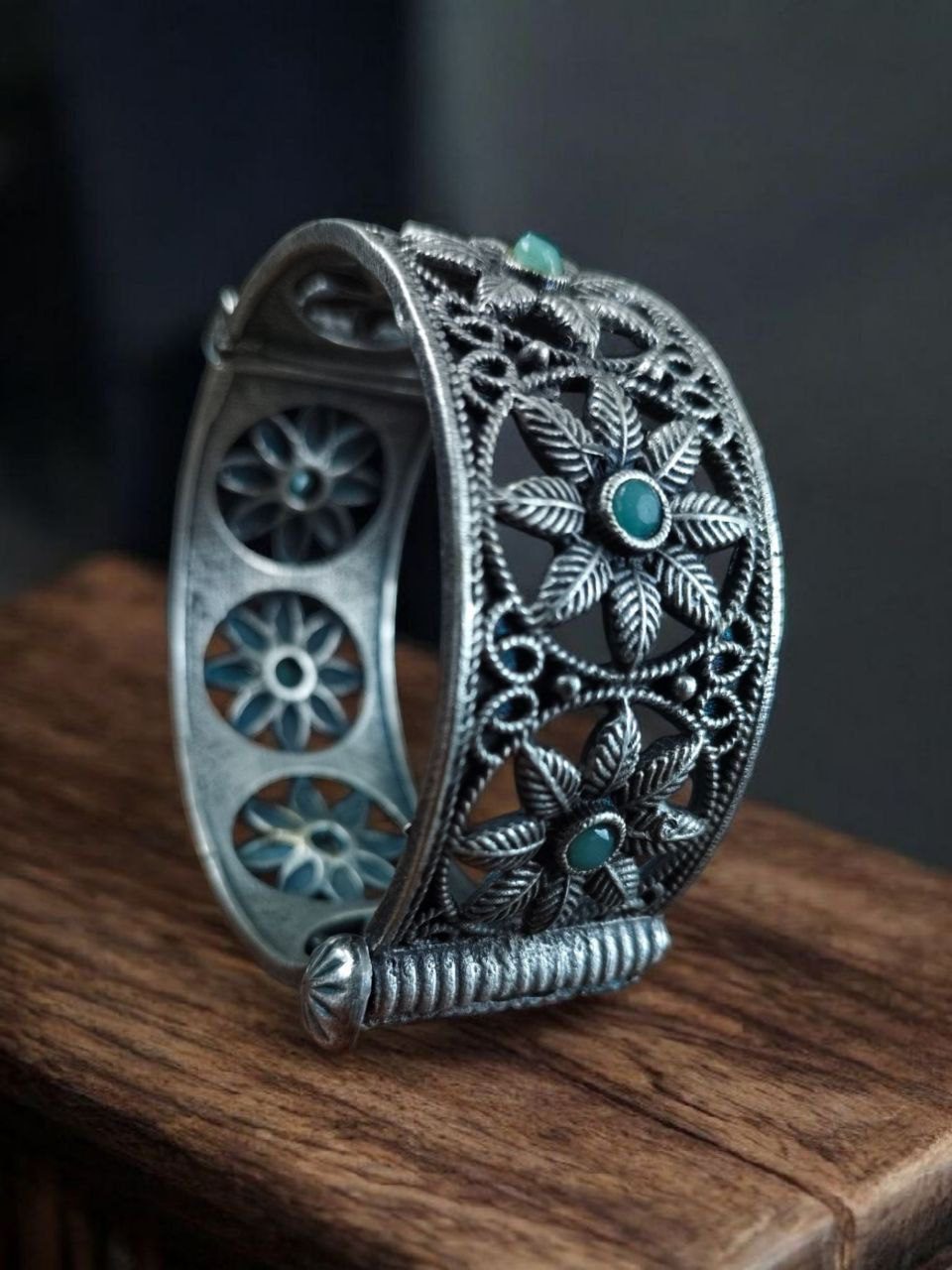 Traditional Oxidized Unique Flower Design Bangle | Silver Replica Ethnic Jewelry for Women - Image 8