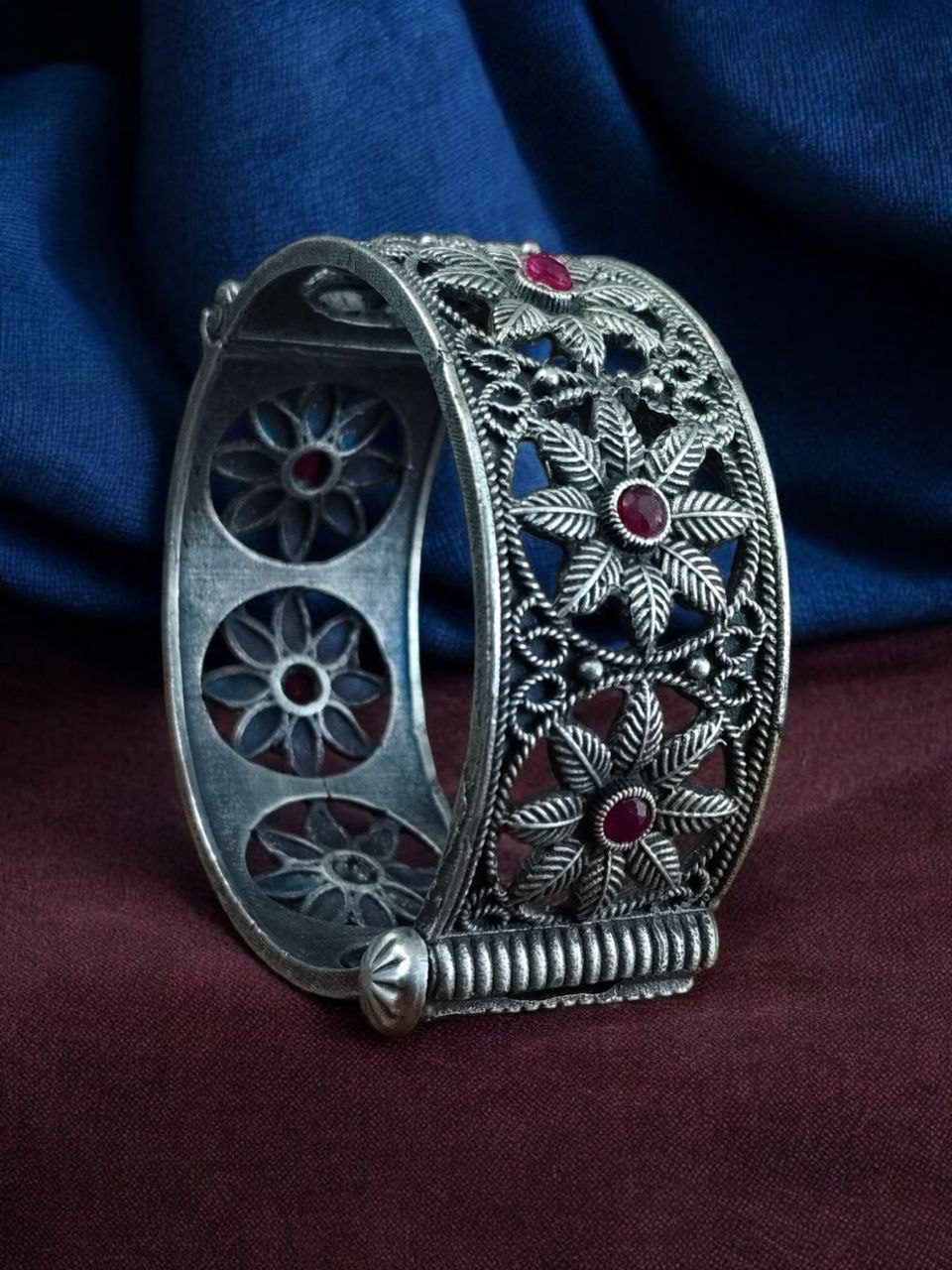 Traditional Oxidized Unique Flower Design Bangle | Silver Replica Ethnic Jewelry for Women - Image 10